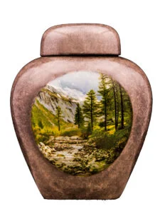 Mountain scene urn | Silver Prairie Urns