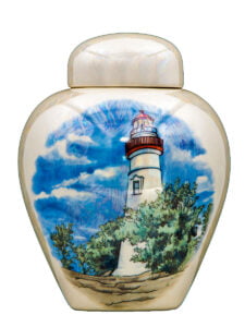 Blue lighthouse urn | Silver Prairie Urns