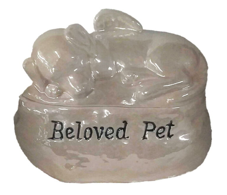 Beloved dog pearl lustre with highlight letters on cremation pet urn | Silver Prairie Urns